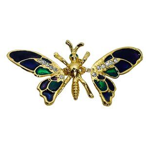 Gold Tone Rhinestone & Enamel Butterfly Brooch With Articulating Wings (5902)